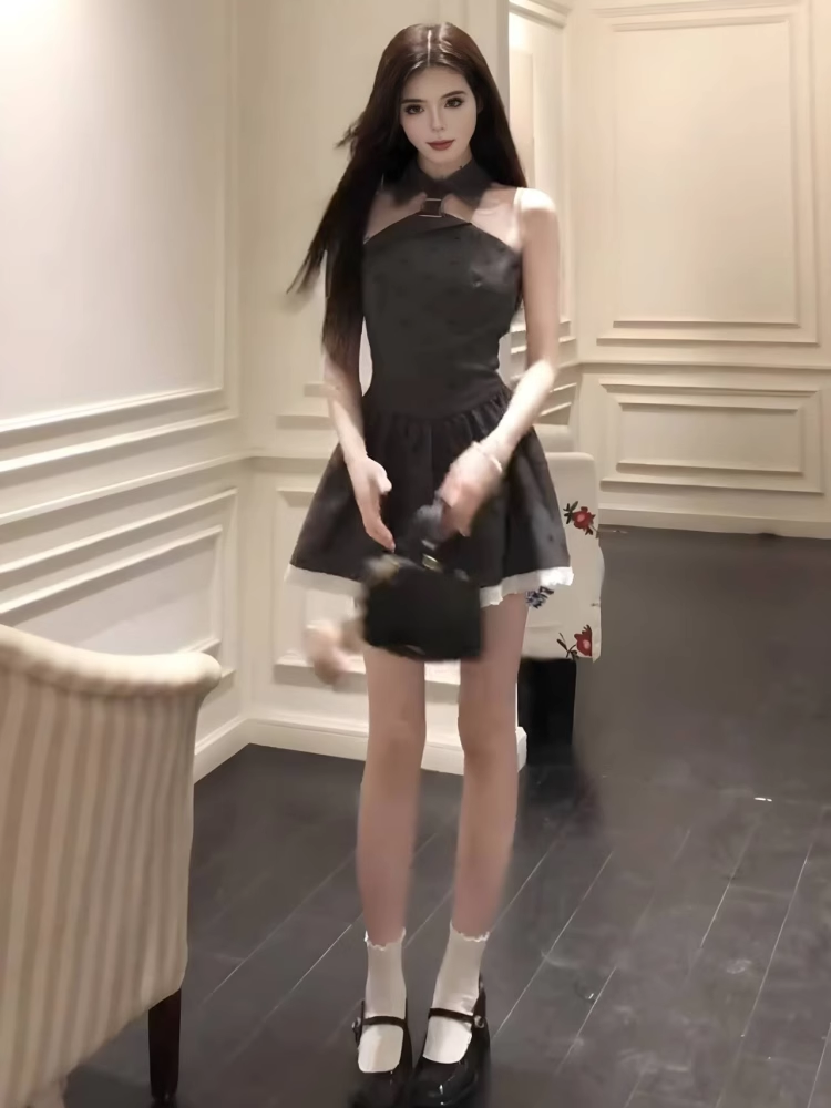 レース ワンピース 襟付きフリルヘム キャミワンピース