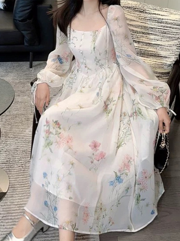 レース ワンピース 花柄シフォンロングワンピース アイボリー パーティードレス ミモレ丈