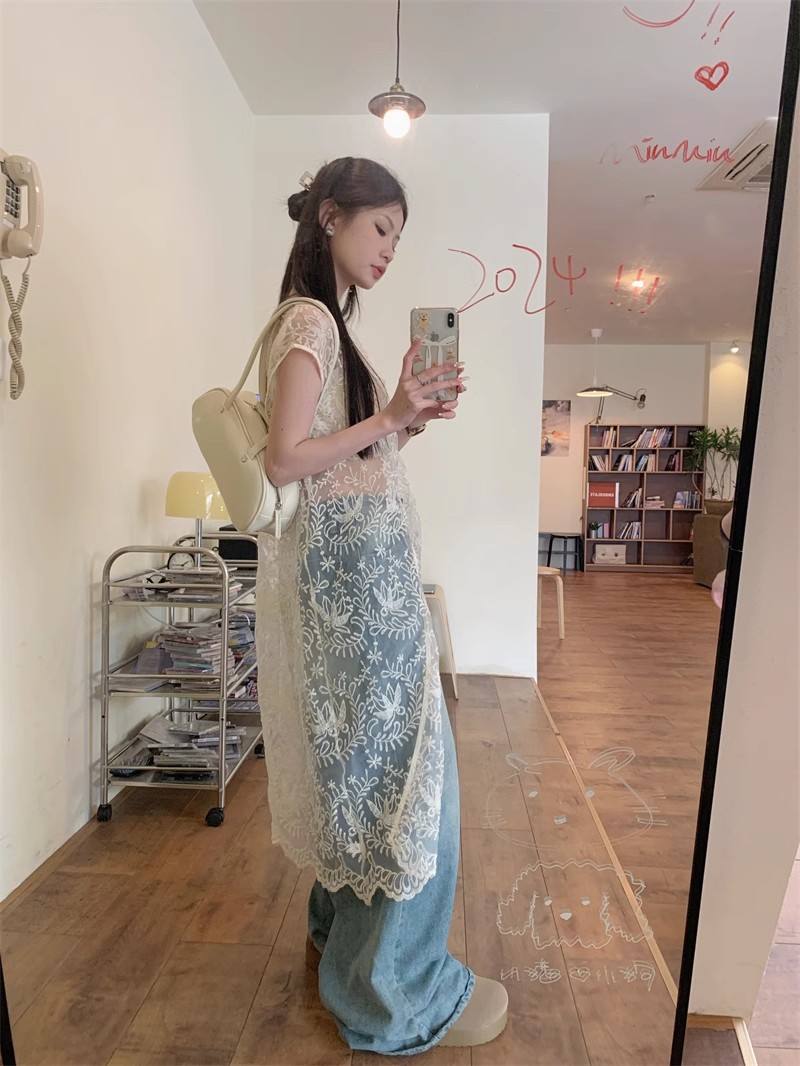 レース ワンピース 花模様シアーレースキャミワンピース