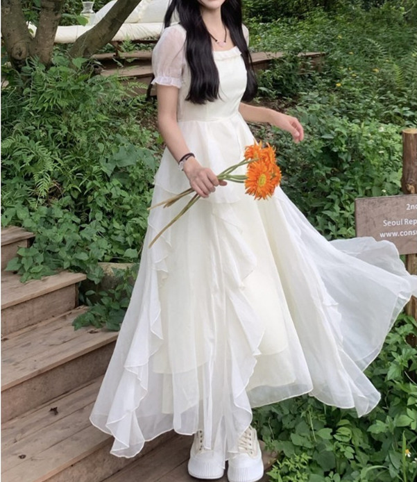 レース ワンピース エアリー シフォン ロングワンピース 春夏 ドレープ 長袖