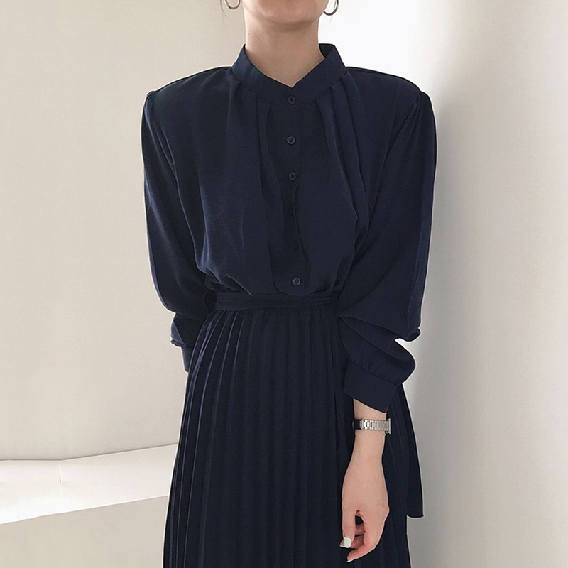 レース ワンピース 優美な襟元プリーツロングワンピース