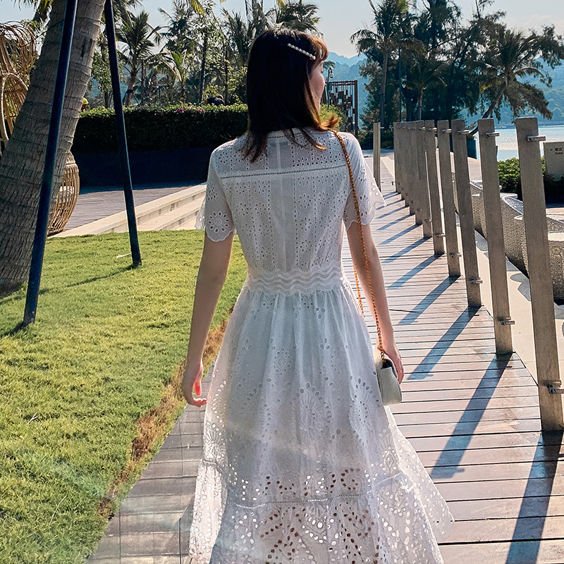 レース ワンピース 花柄レース Vネック ロングワンピース 夏用フレアドレス