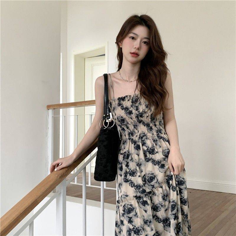レース ワンピース 花柄シャーリングキャミロングワンピース