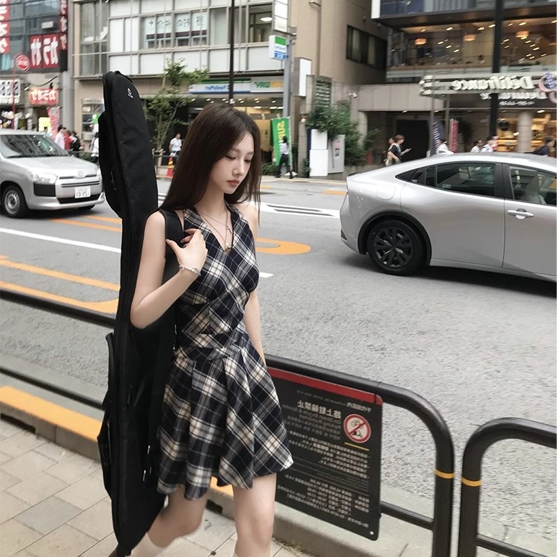 レース ワンピース 格子柄レース重ね風ノースリーブワンピース