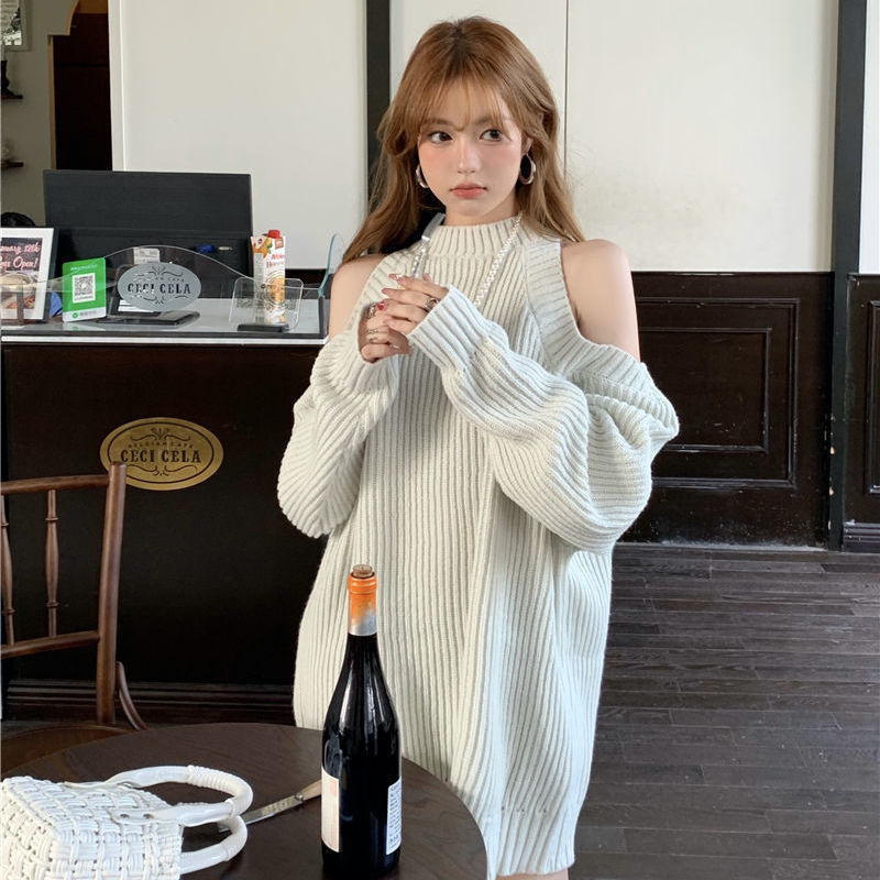 レース ワンピース 肩開きリブニットワンピース