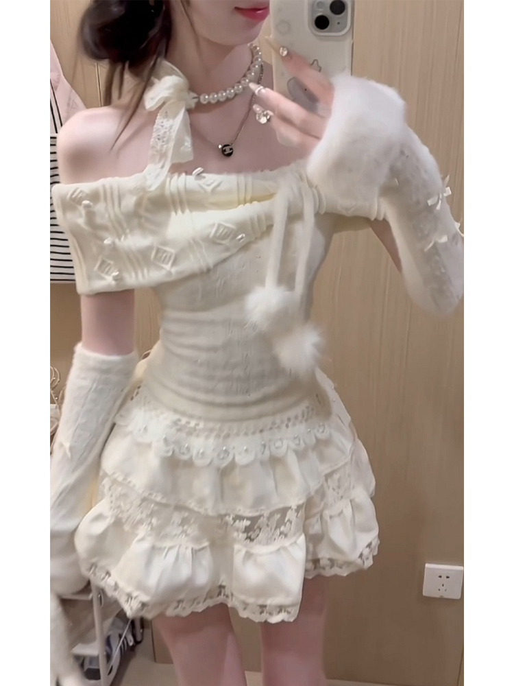 レース ワンピース ふわもこファー付きレースワンピース