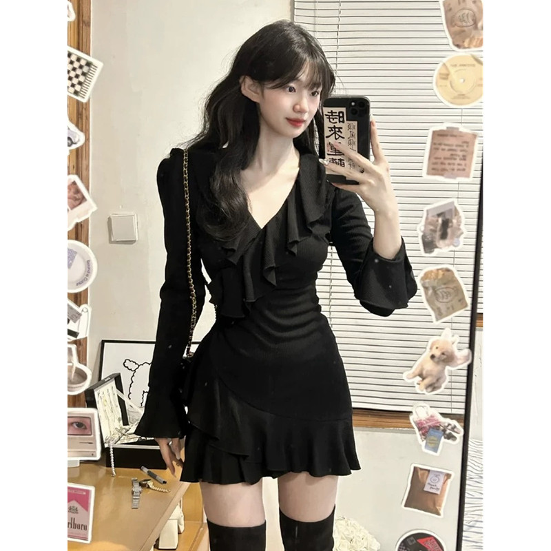レース ワンピース 優美フリルデザイン 長袖ワンピース