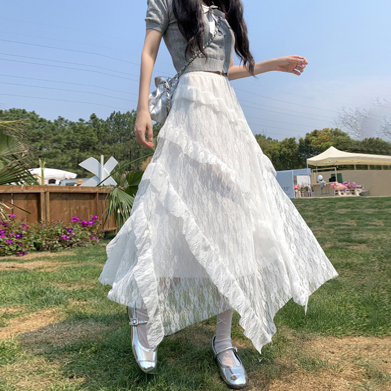 レース ワンピース 優美な揺れ感 非対称裾レースロングワンピース