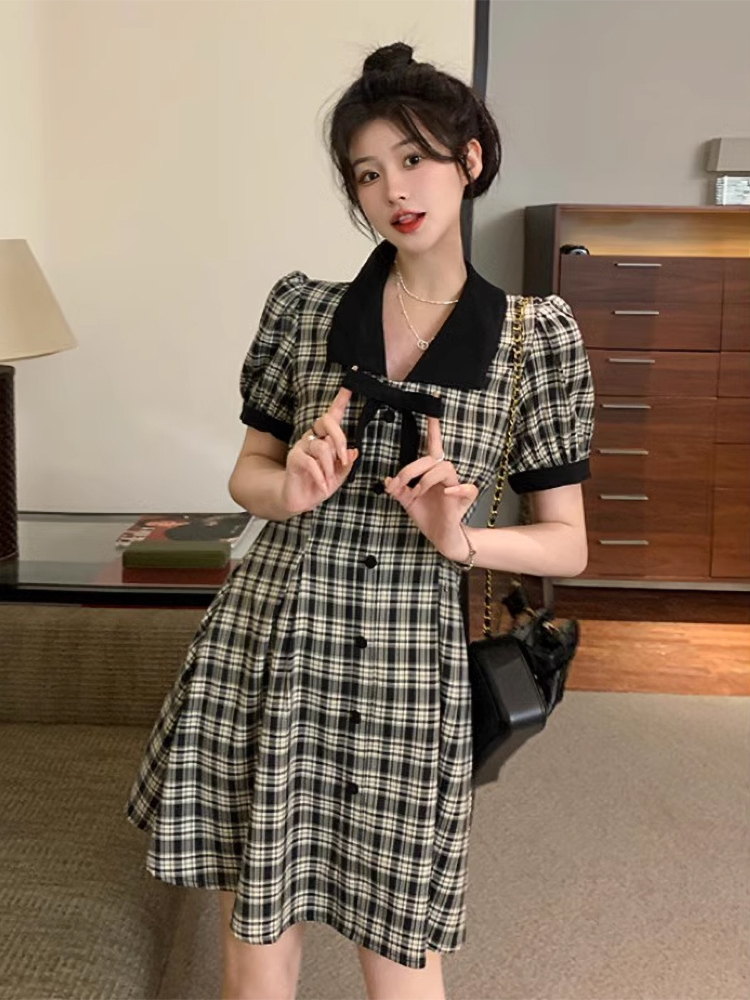 レース ワンピース 格子柄セーラー襟レース ワンピース