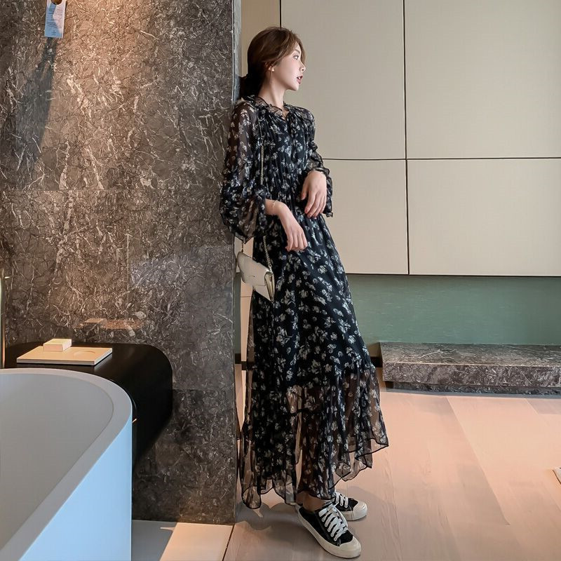 レース ワンピース 花柄シフォン ロングワンピース 長袖 フレア 大きいサイズ