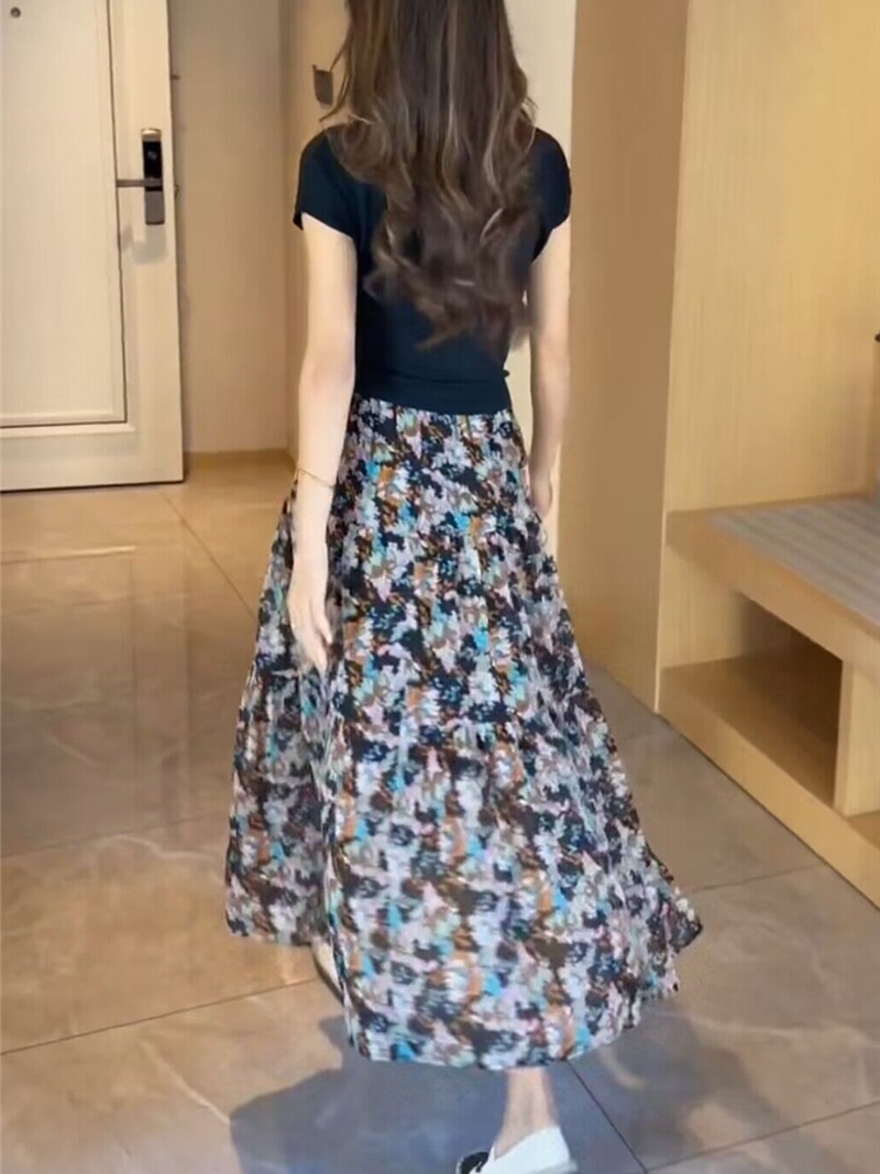 レース ワンピース 花柄シフォン切替えロングワンピース