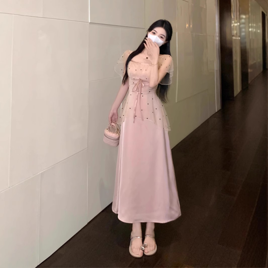 レース ワンピース 水玉シアーレース ロングワンピース