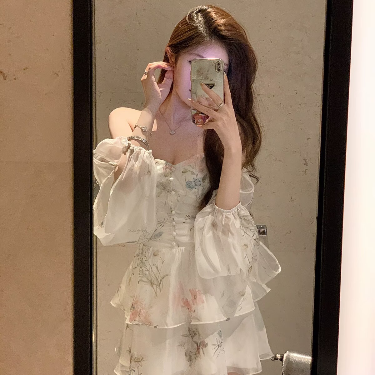 レース ワンピース 花柄シアー袖 ミニ丈レースワンピース