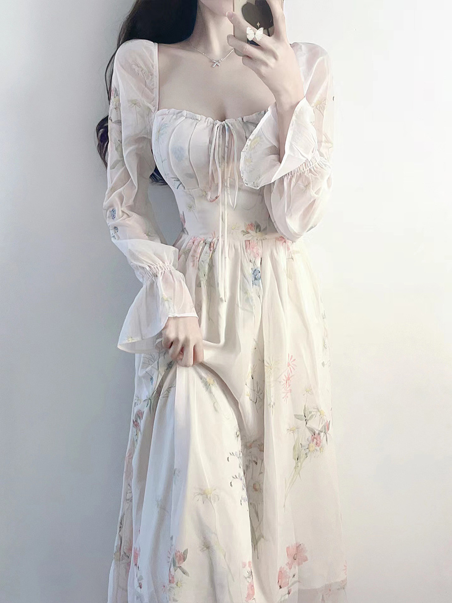 レース ワンピース 花柄シフォン ロングワンピース 着痩せ 長袖 フレア