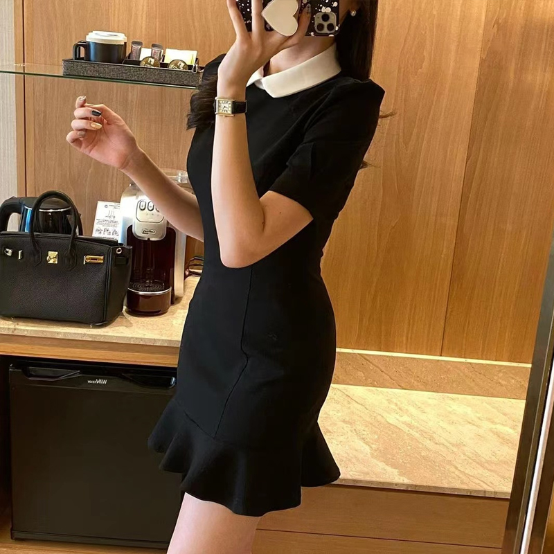レース ワンピース 襟付きフリルヘム タイトワンピース