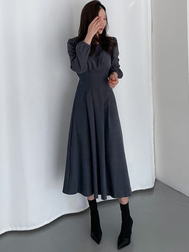 レース ワンピース 優美なレース装飾ボリューム袖ロングワンピース