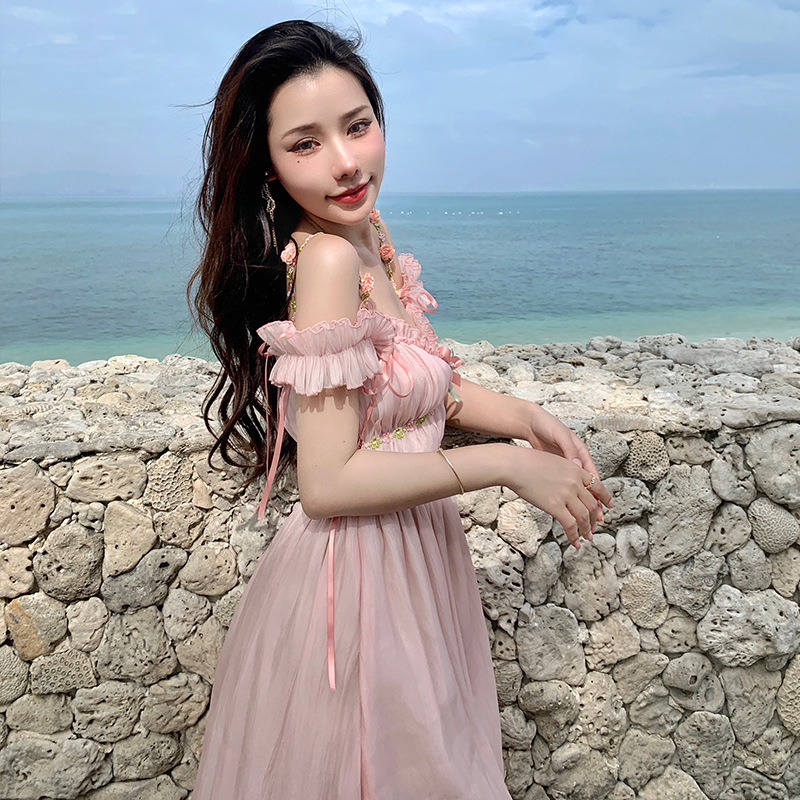 レース ワンピース フリルレース ロングワンピース リゾート向け 肩魅せ 夏服