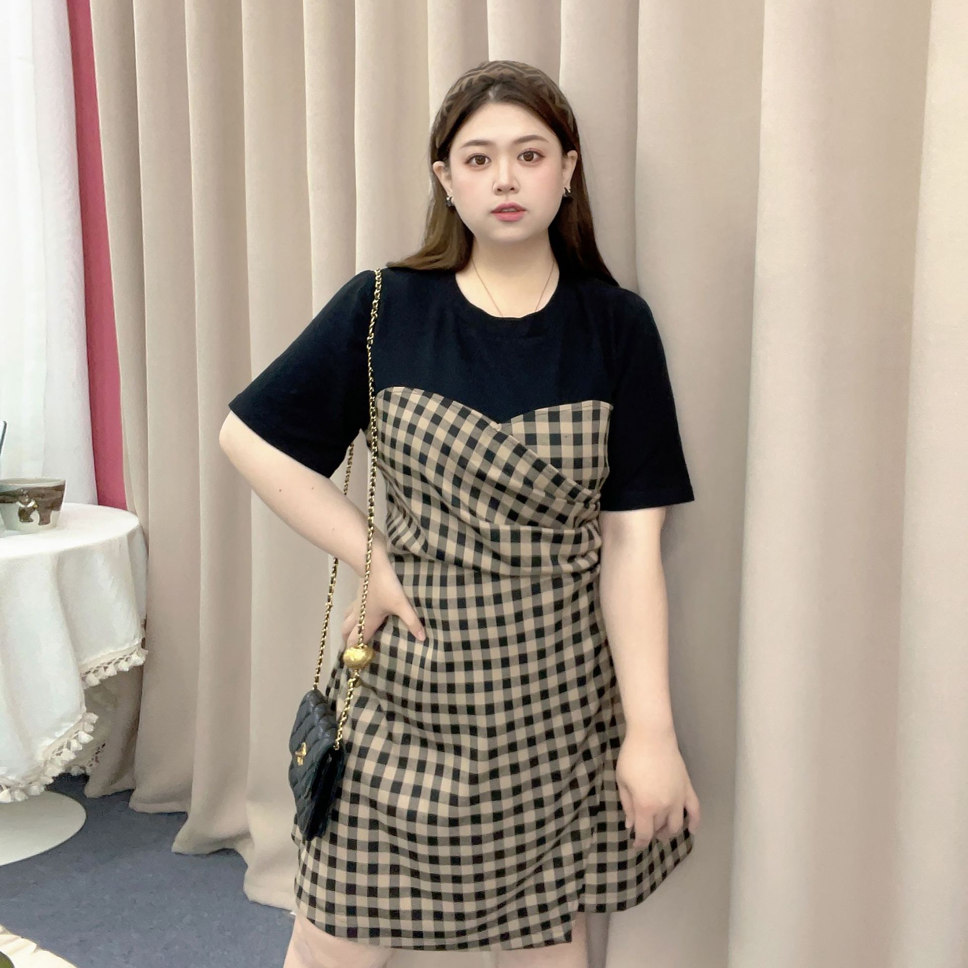 レース ワンピース 格子柄レースワンピース 重ね着風
