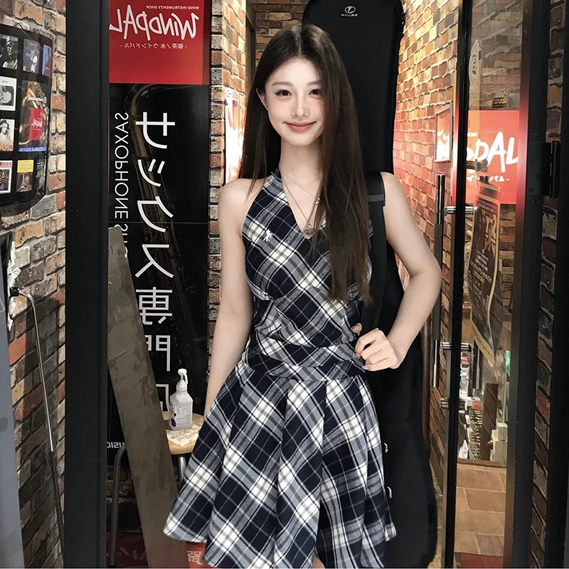 レース ワンピース 格子柄レース重ね風ノースリーブワンピース
