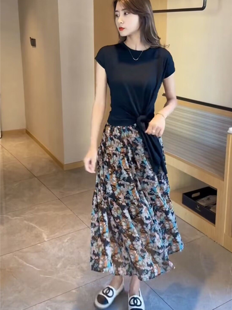 レース ワンピース 花柄シフォン切替えロングワンピース
