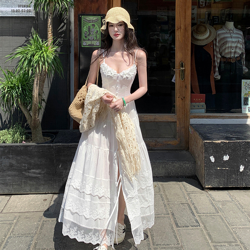 レース ワンピース 花飾り付き 優美ティアードキャミワンピース