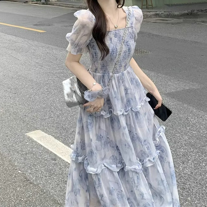 レース ワンピース 夏新作 スクエアネック レース ロングワンピース 大人可愛い ティアードフリル