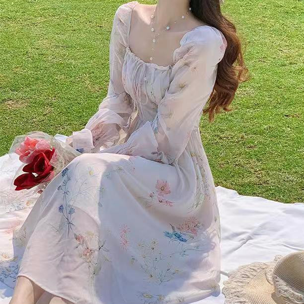 レース ワンピース 花柄シフォン ロングワンピース 着痩せ 長袖 フレア
