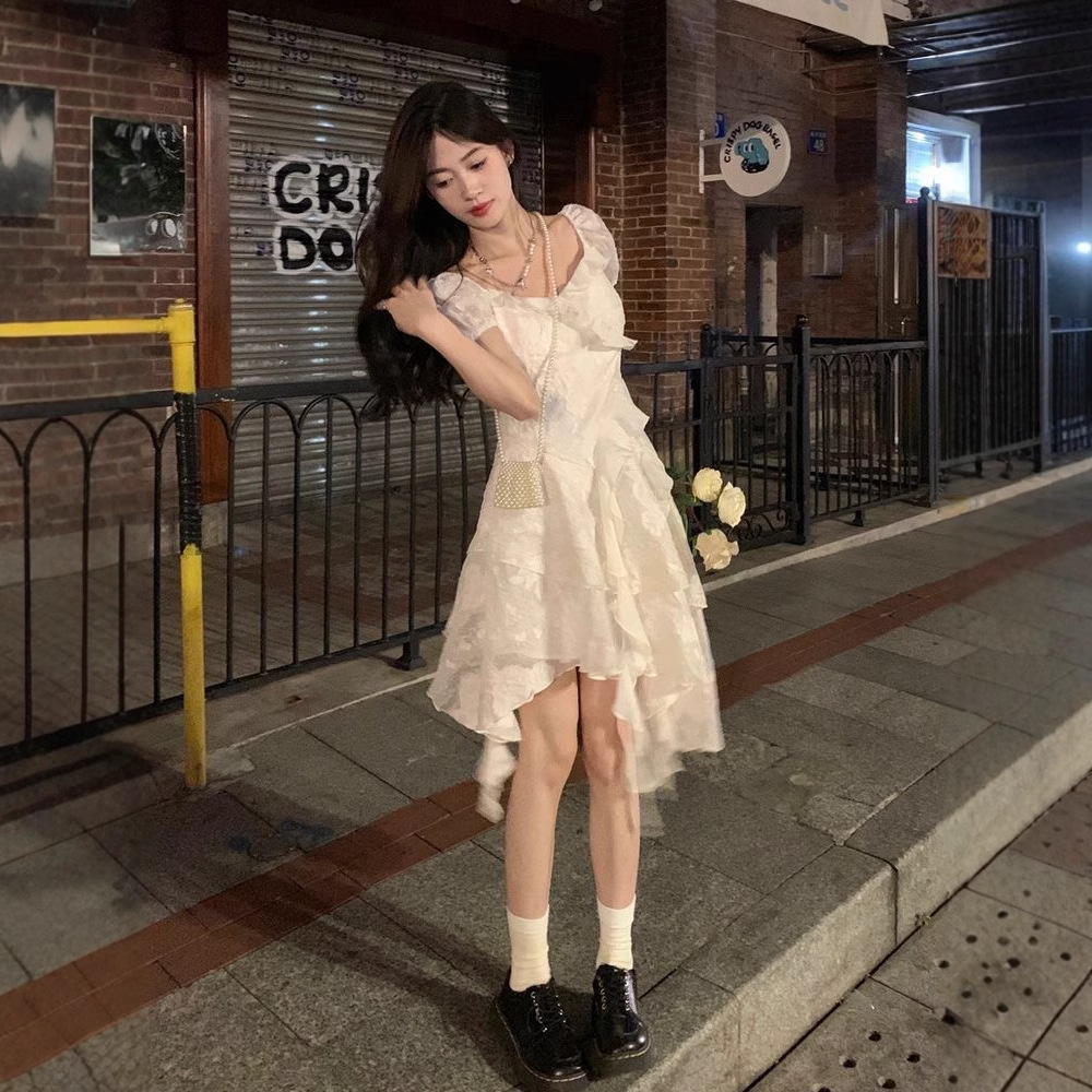 レース ワンピース 夢見るレース重ね パフスリーブワンピース