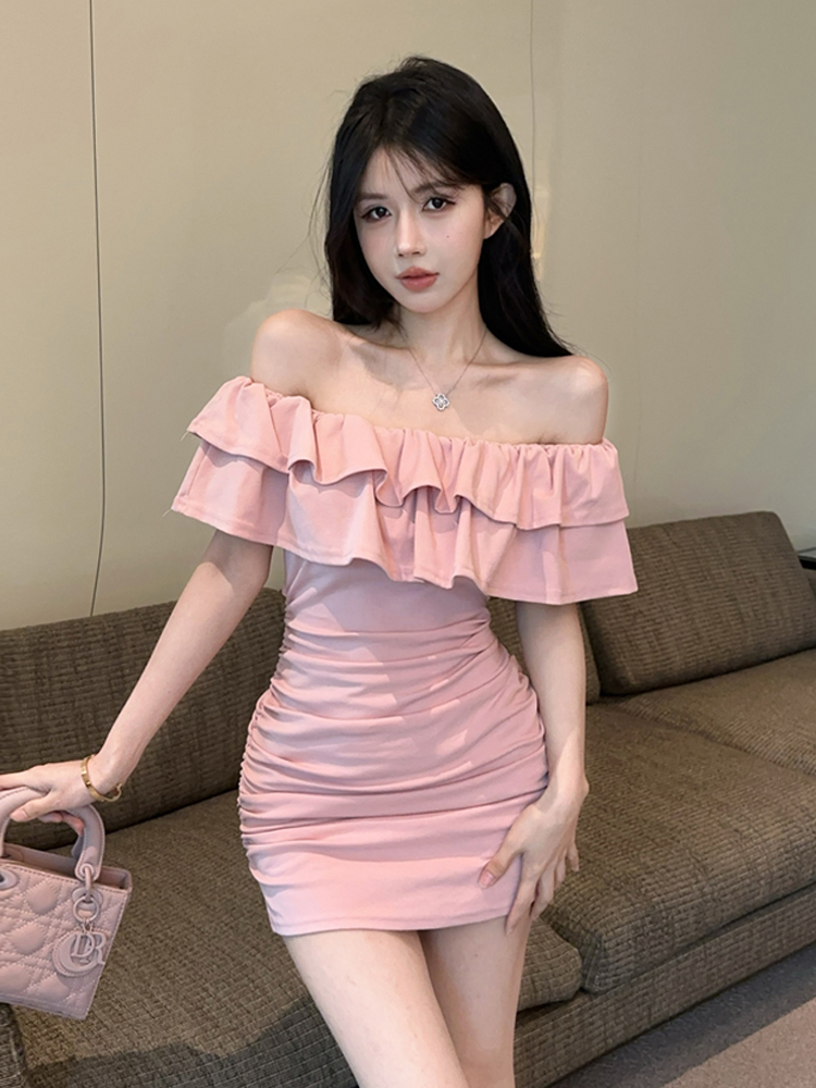 レース ワンピース 優美フリルオフショルダータイトワンピース