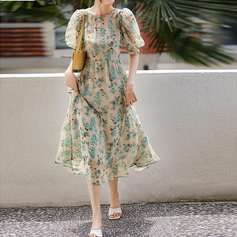 レース ワンピース 花柄シフォン ロングワンピース 半袖 きれいめ 体型カバー