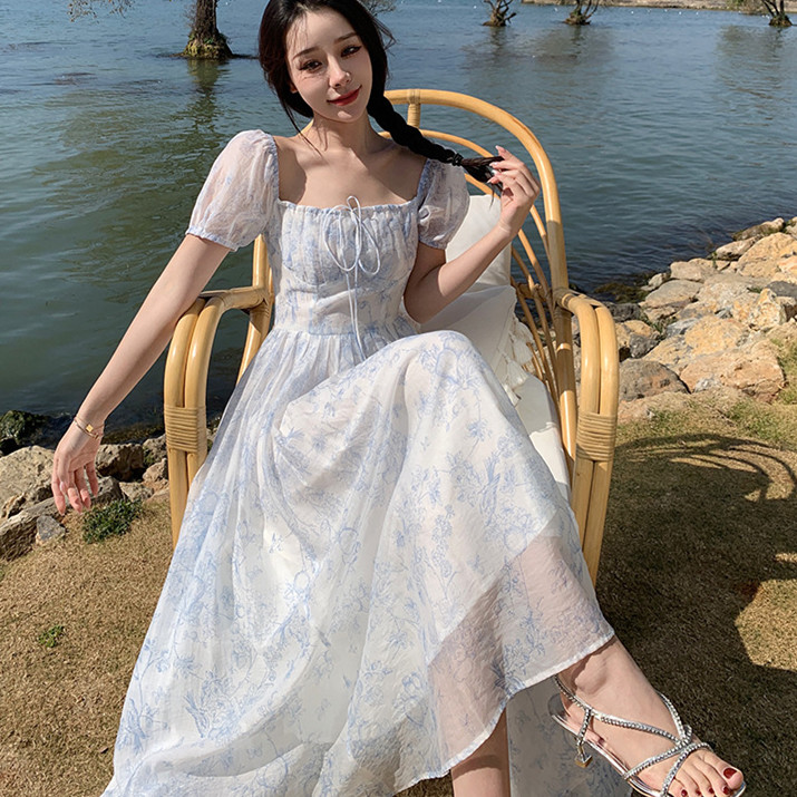 レース ワンピース 花柄シースルー ロングワンピース スクエアネック 体型カバー