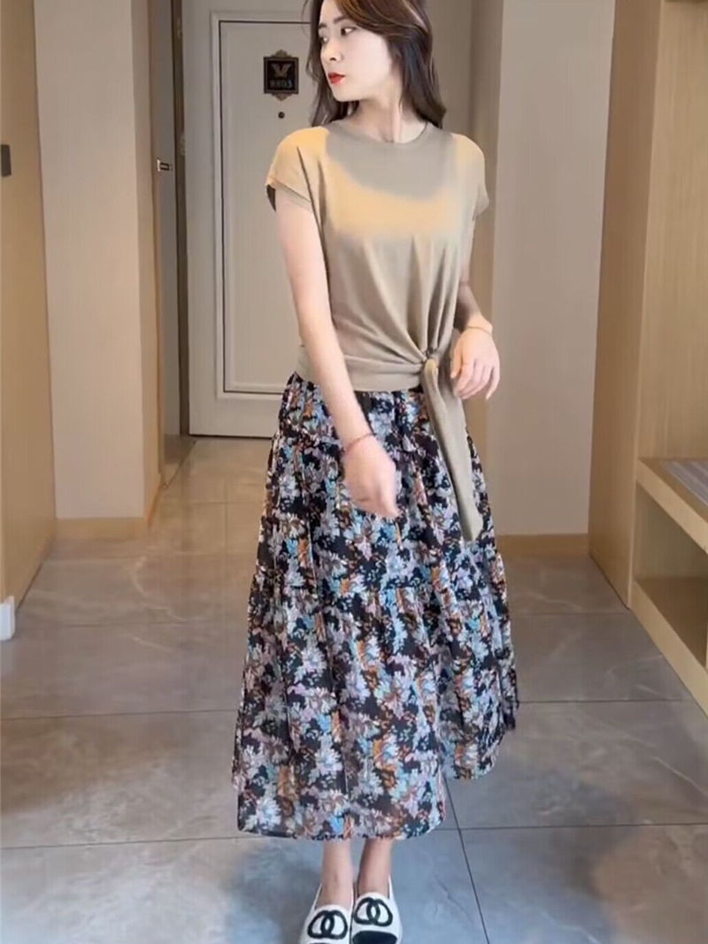 レース ワンピース 花柄シフォン切替えロングワンピース