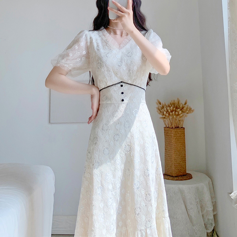レース ワンピース 花柄レース パフスリーブ ロングワンピース