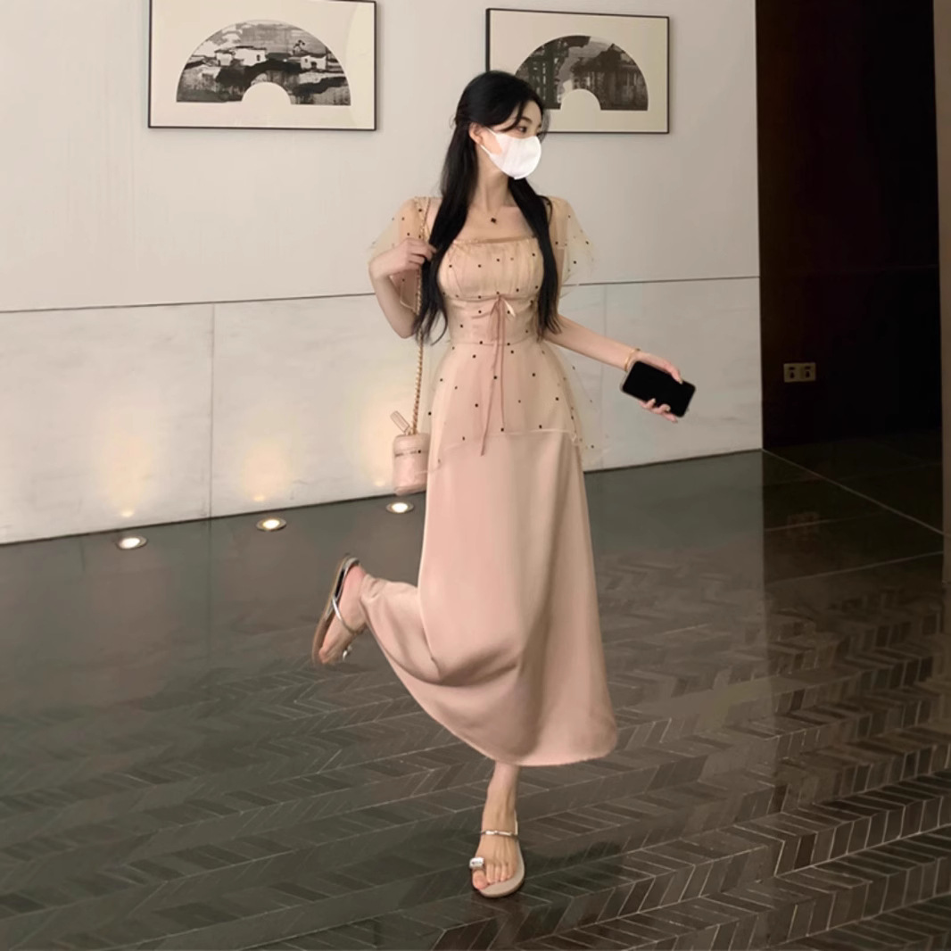 レース ワンピース 水玉シアーレース ロングワンピース