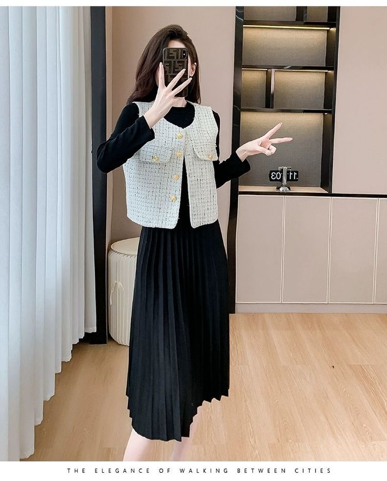 レース ワンピース 優美プリーツ レース ワンピース ベスト重ね