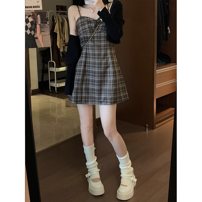 レース ワンピース 格子柄フレアキャミワンピース