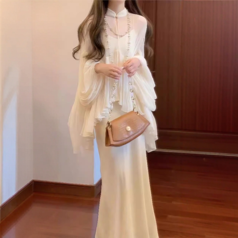レース ワンピース シフォンフリル 立襟レースワンピース