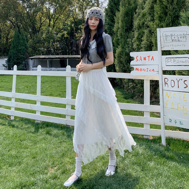 レース ワンピース 優美な揺れ感 非対称裾レースロングワンピース