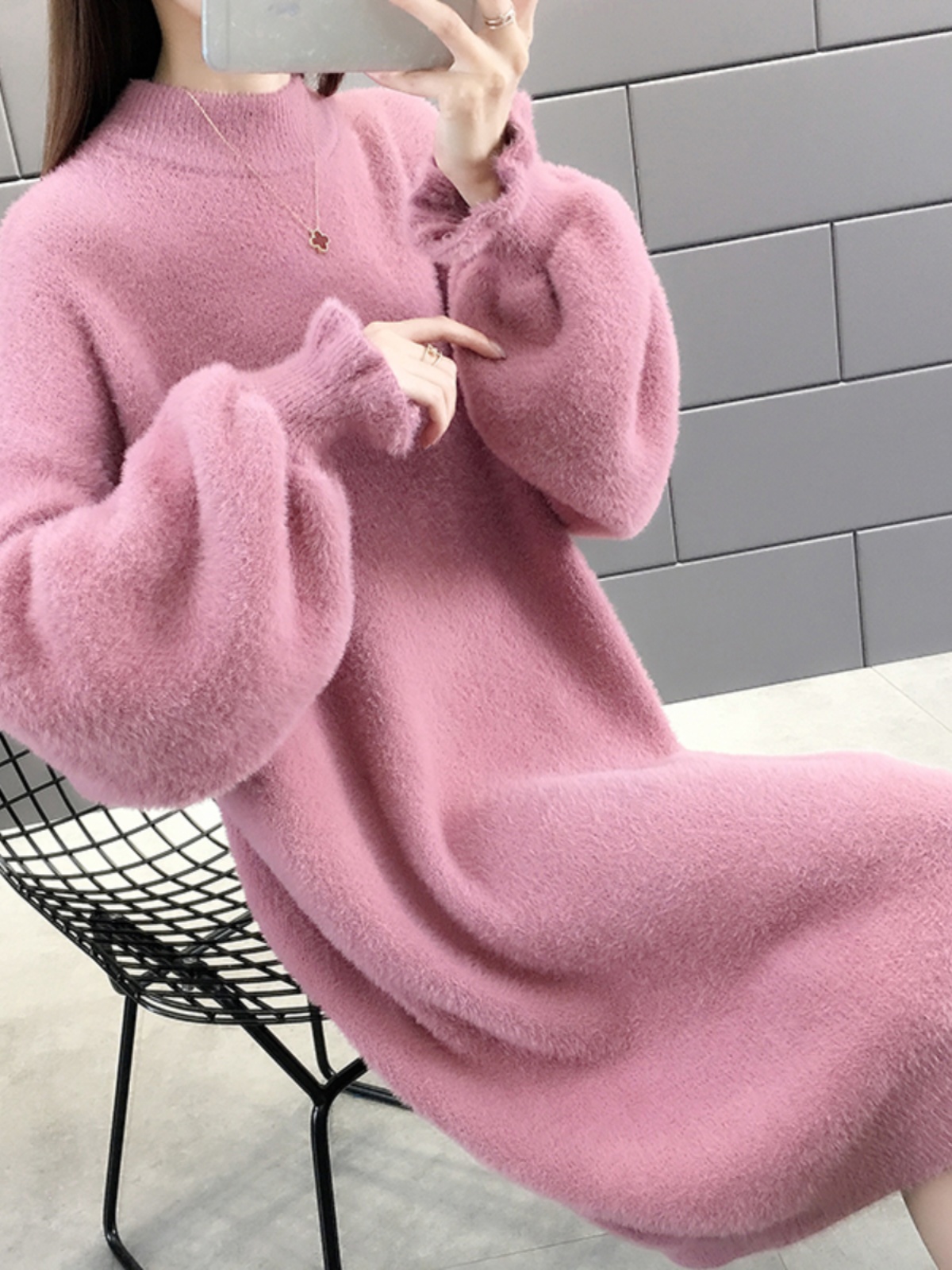レース ワンピース ふわもこ長袖ニットワンピース