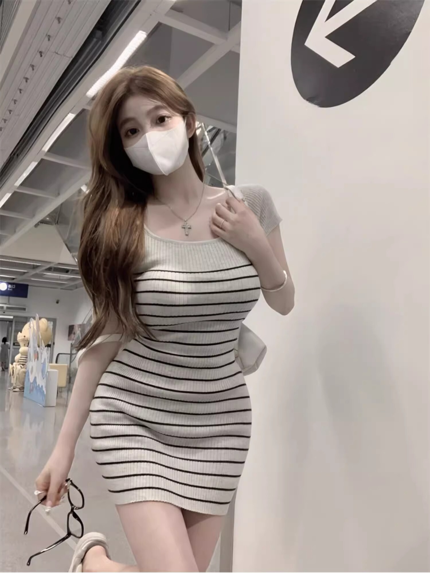 レース ワンピース 優美リブ編みボーダータイトワンピース