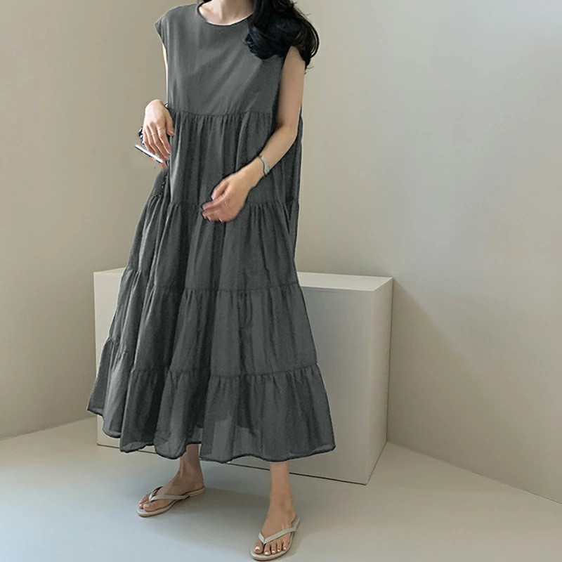 レース ワンピース ティアードロングワンピース マキシ丈 ノースリーブ