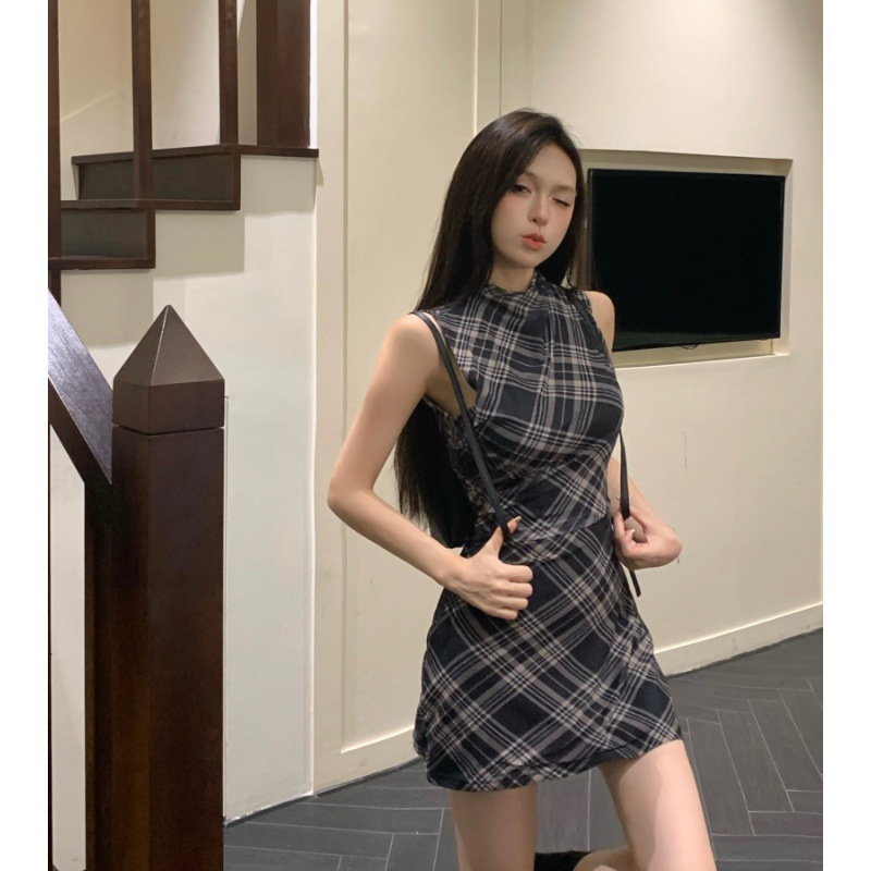 レース ワンピース 格子柄ノースリーブタイトワンピース