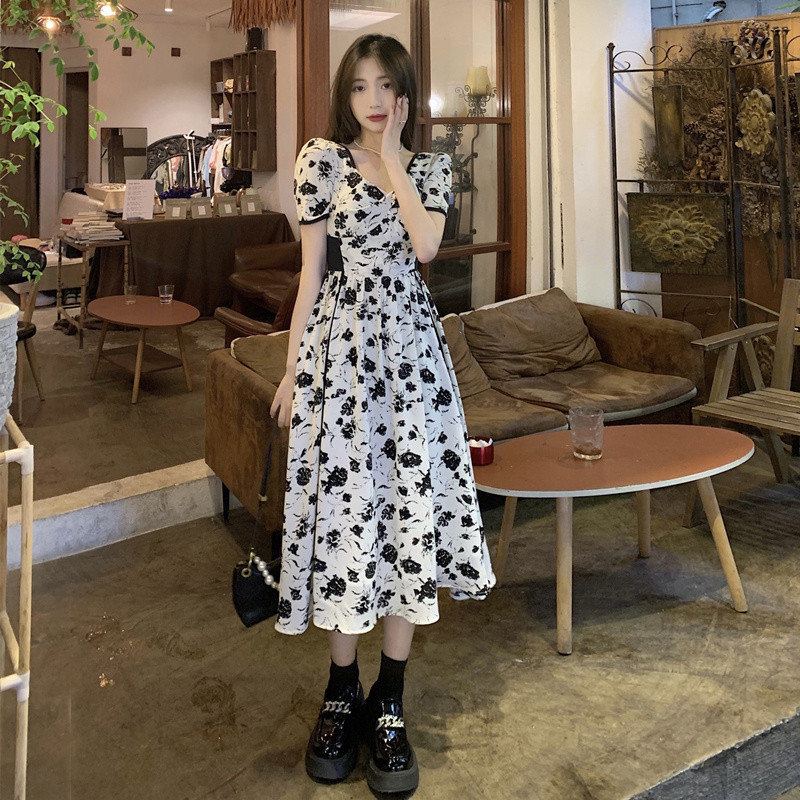 レース ワンピース 花柄パフスリーブ レースロングワンピース