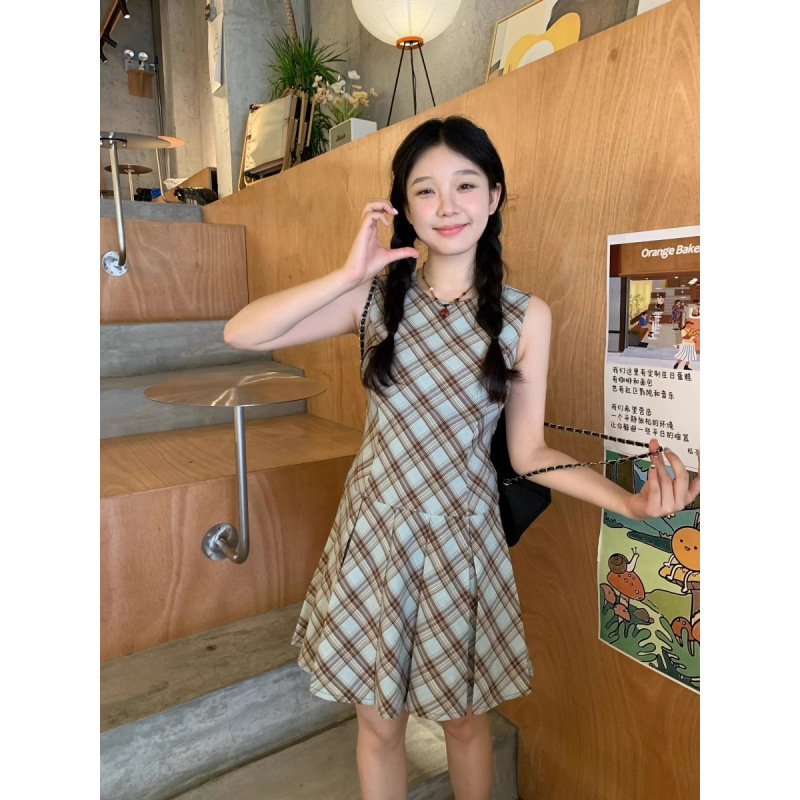 レース ワンピース 格子柄フレアノースリーブワンピース