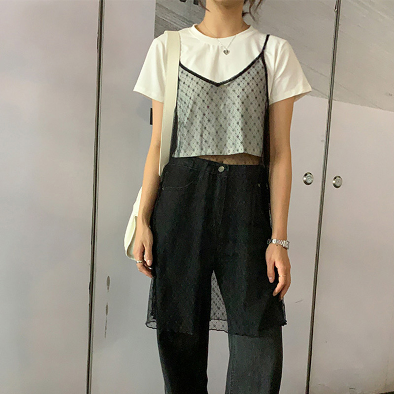 レース ワンピース 格子模様レース重ね着風キャミワンピース