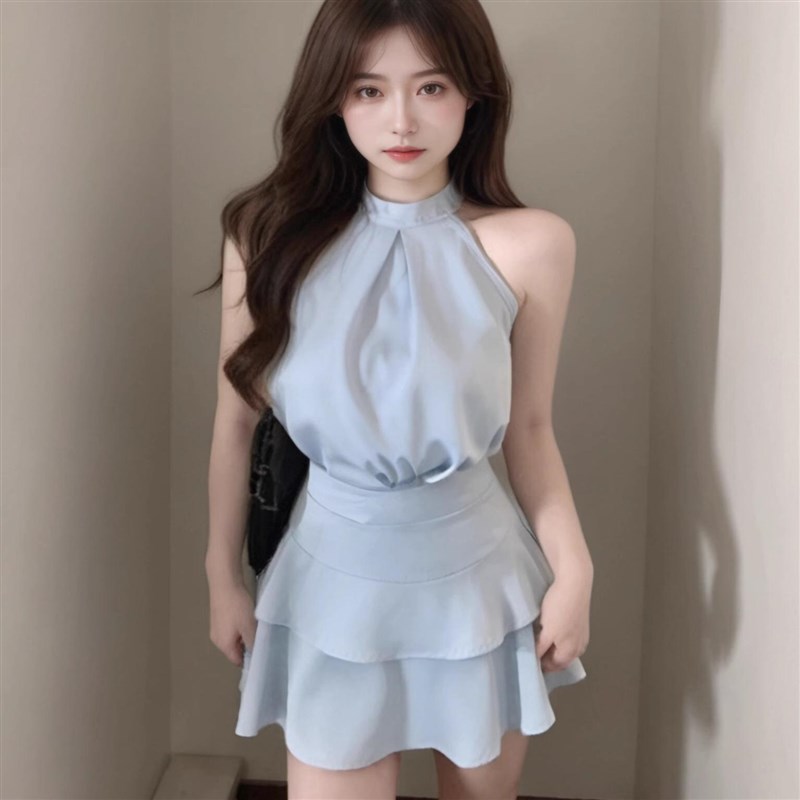 レース ワンピース 優美なホルターネック二段フリルワンピース