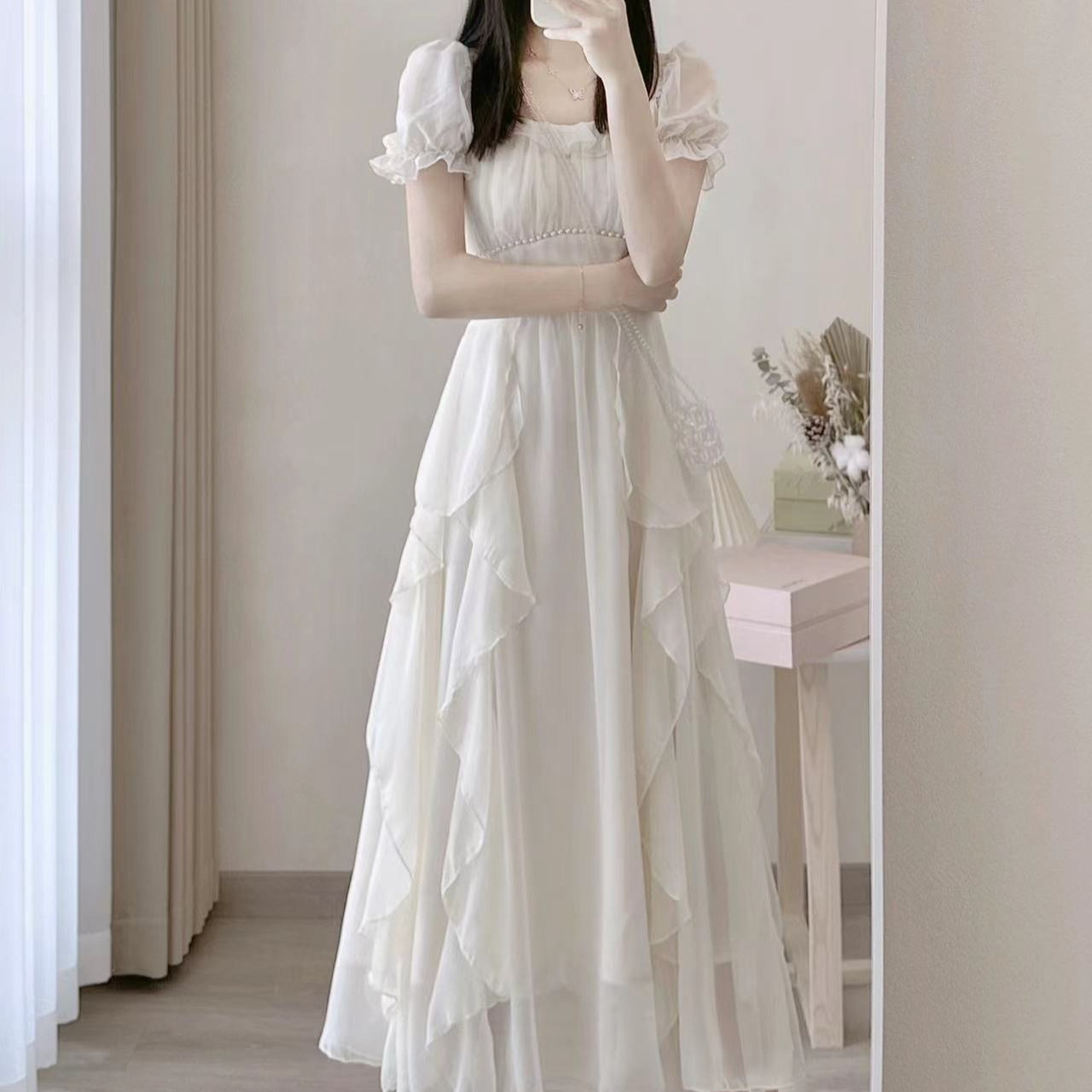 レース ワンピース 姫系パフスリーブ レース ワンピース