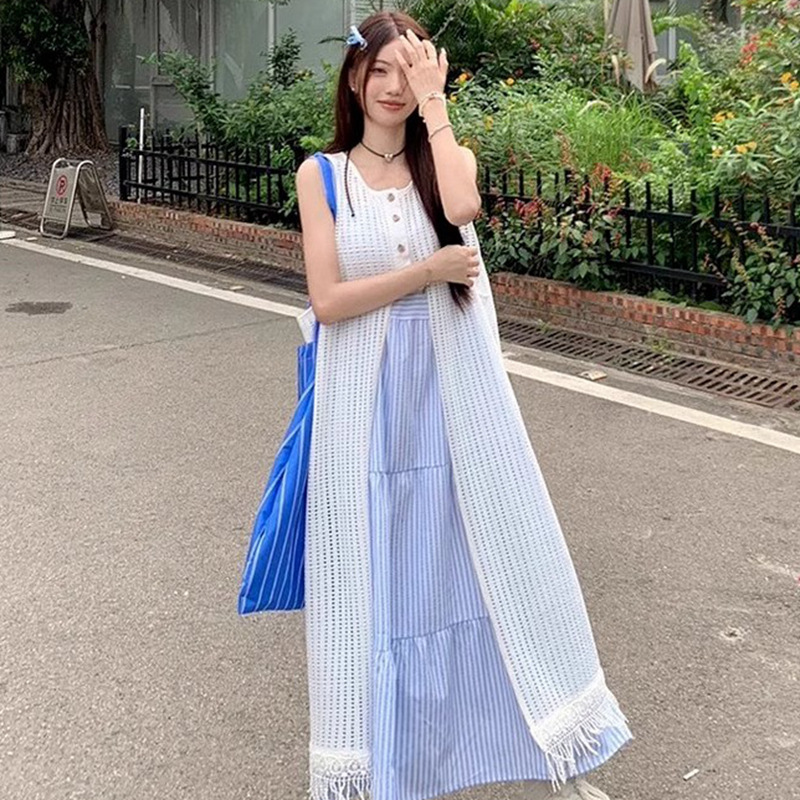 レース ワンピース 透かし編みフリンジ付きロングワンピース
