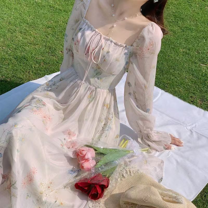 レース ワンピース 花柄シフォン ロングワンピース 着痩せ 長袖 フレア