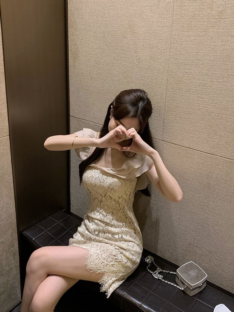 レース ワンピース 優美フリル袖レースタイトワンピース